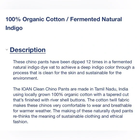 Industry of All Nations Indigo 100% Organic Chinos - Picture 4 of 7